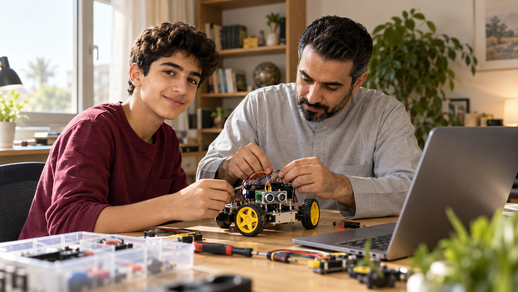 A family experimenting with an educational robot