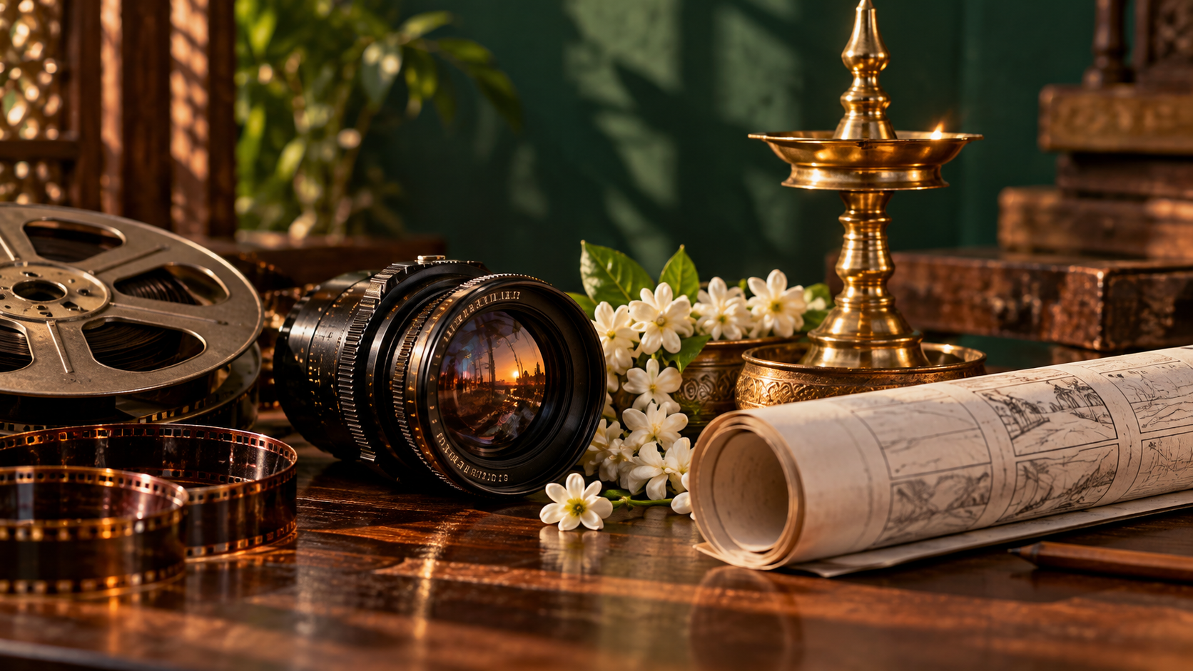 Cinema lens and jasmine flowers on a teak desk