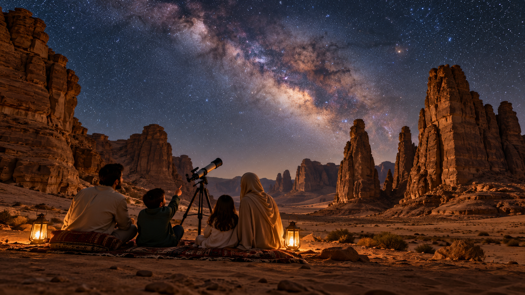 Family beside a telescope under a starry desert sky