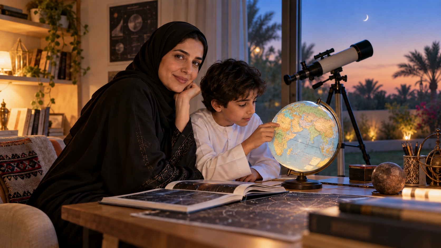 A family exploring a telescope and globe together