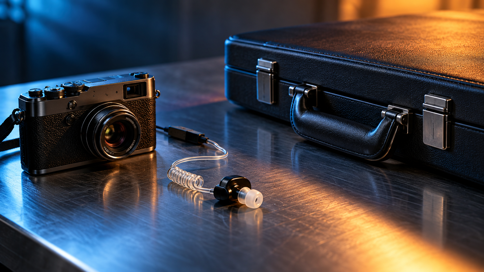Film camera and earpiece beside a charcoal briefcase