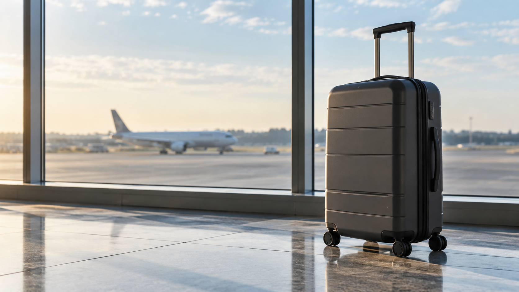 Carry-on suitcase beside airport terminal windows