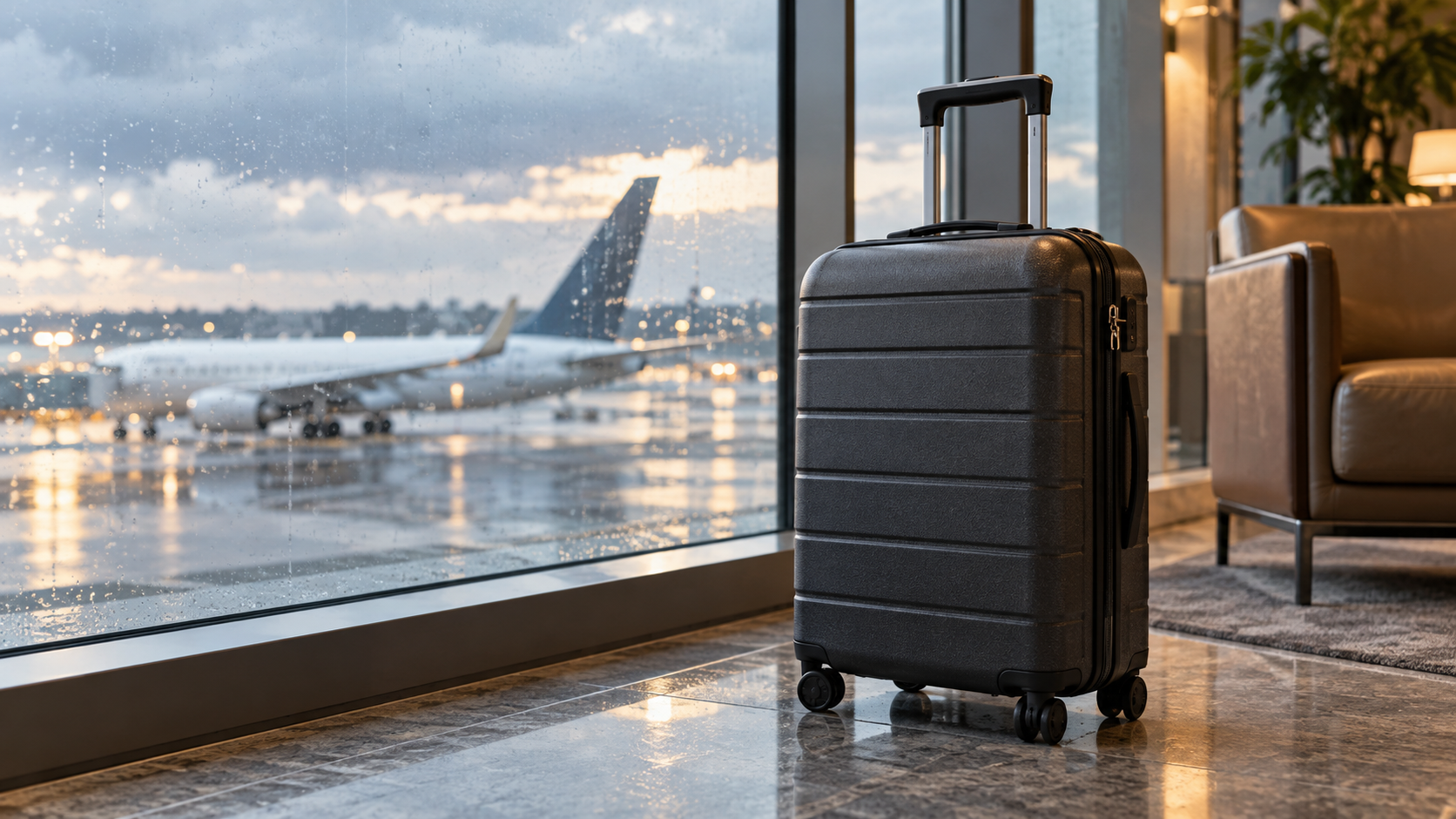 Carry-on suitcase beside a rain-speckled airport window