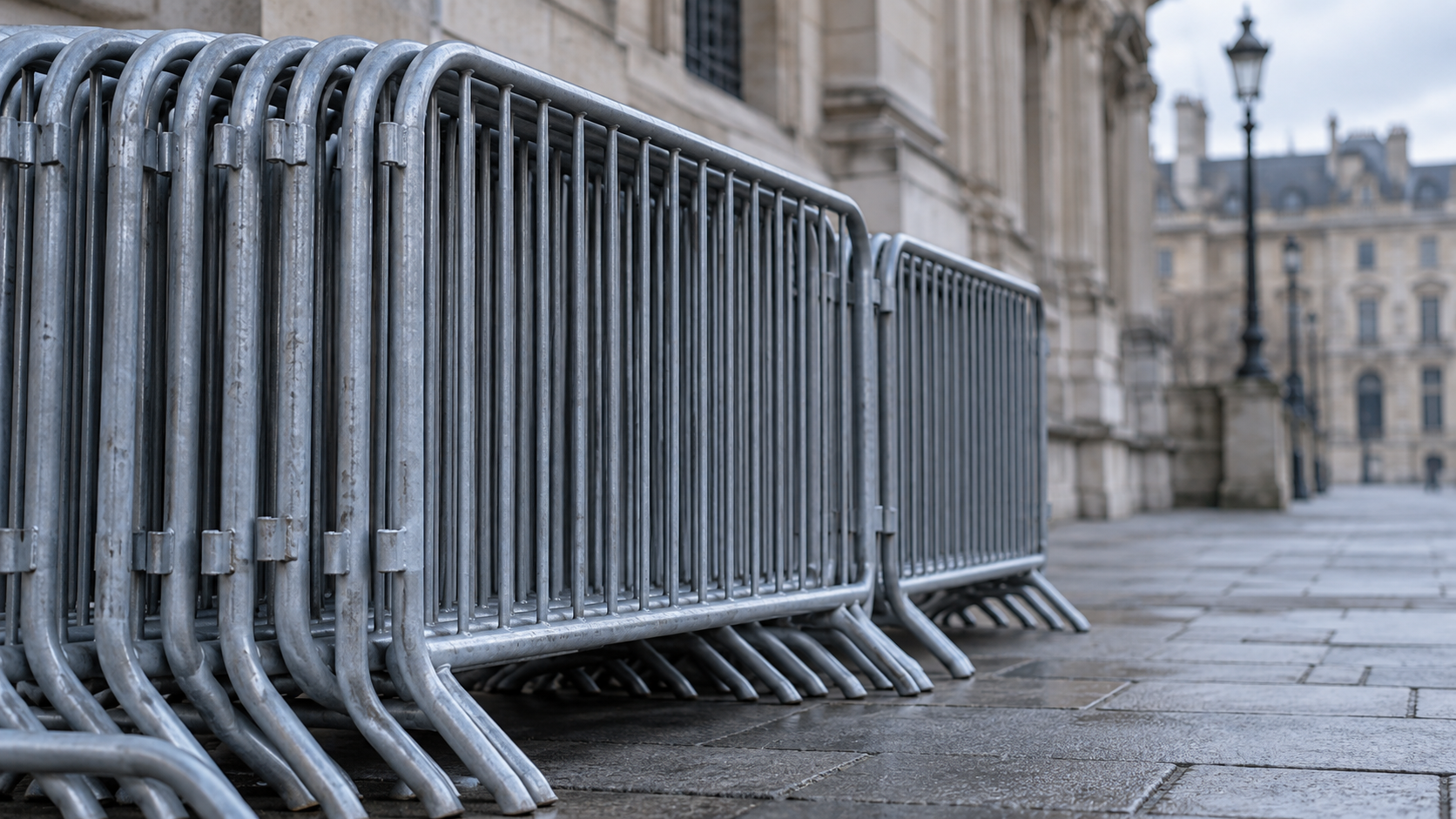 Folded crowd-control barriers beside a quiet European-style street