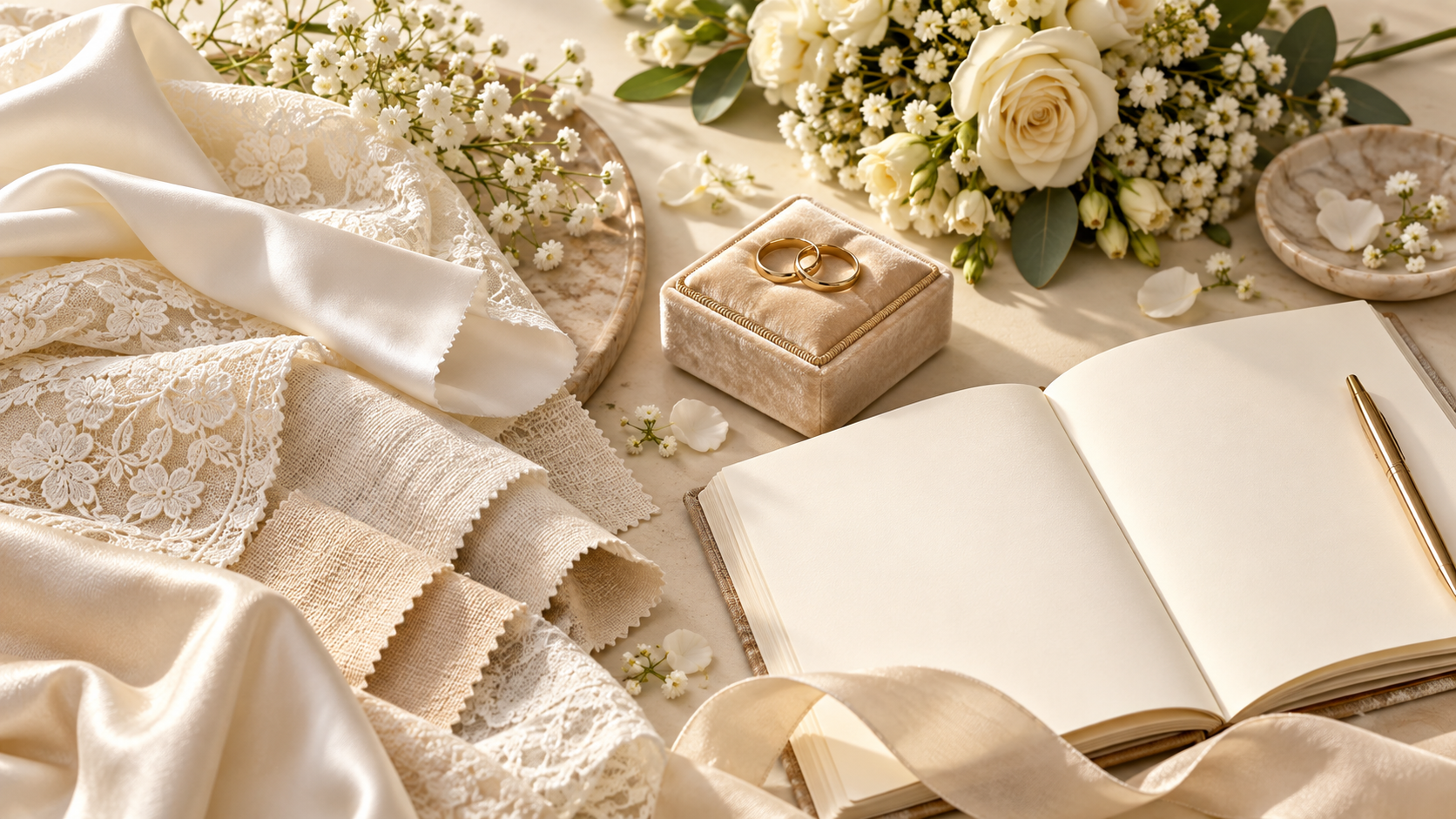 Wedding rings, flowers, fabric samples and a blank planning notebook