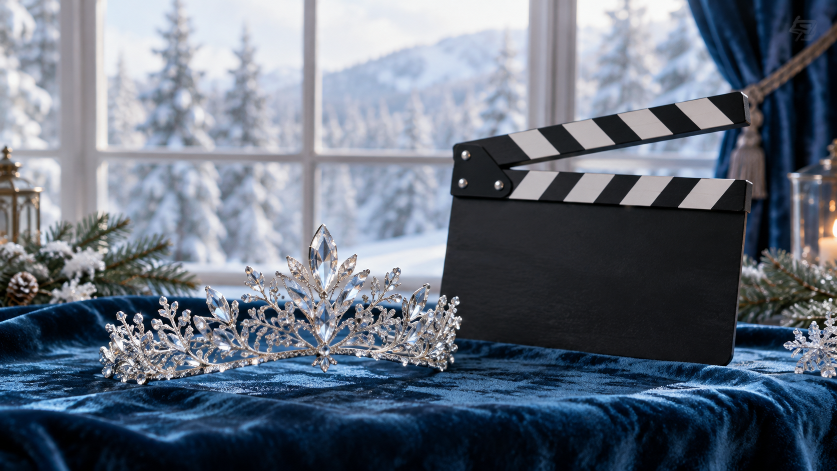 Crystal tiara and blank film clapperboard beside a snowy window