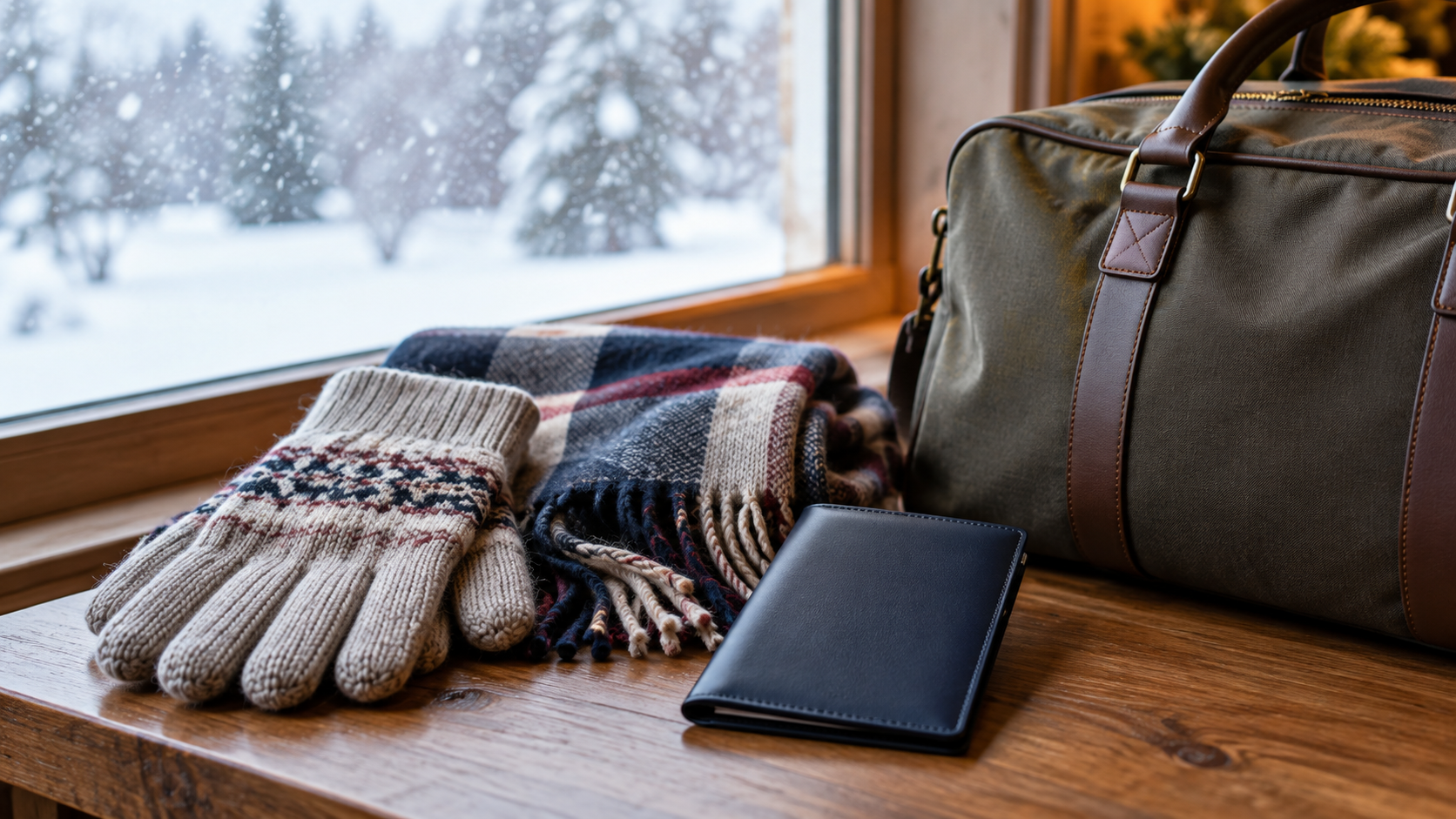 Gloves, scarf and travel bag beside a snowy window